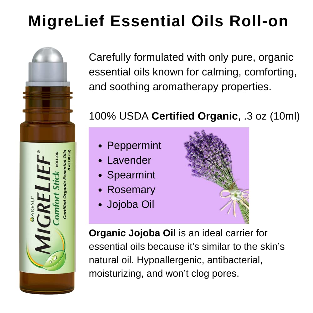 MigreLief Comfort Stick roll-on with essential oils for quick calming relief.