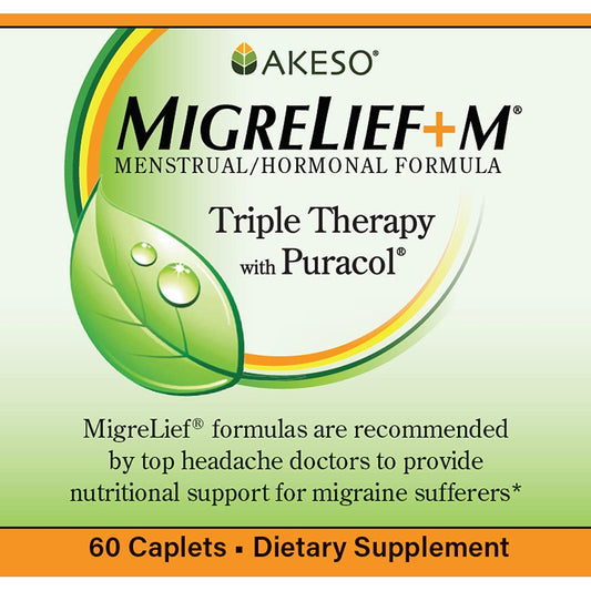 MigreLief+M caplets close-up highlighting clinically studied nutrients for head comfort.
