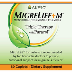 MigreLief+M caplets close-up highlighting clinically studied nutrients for head comfort.