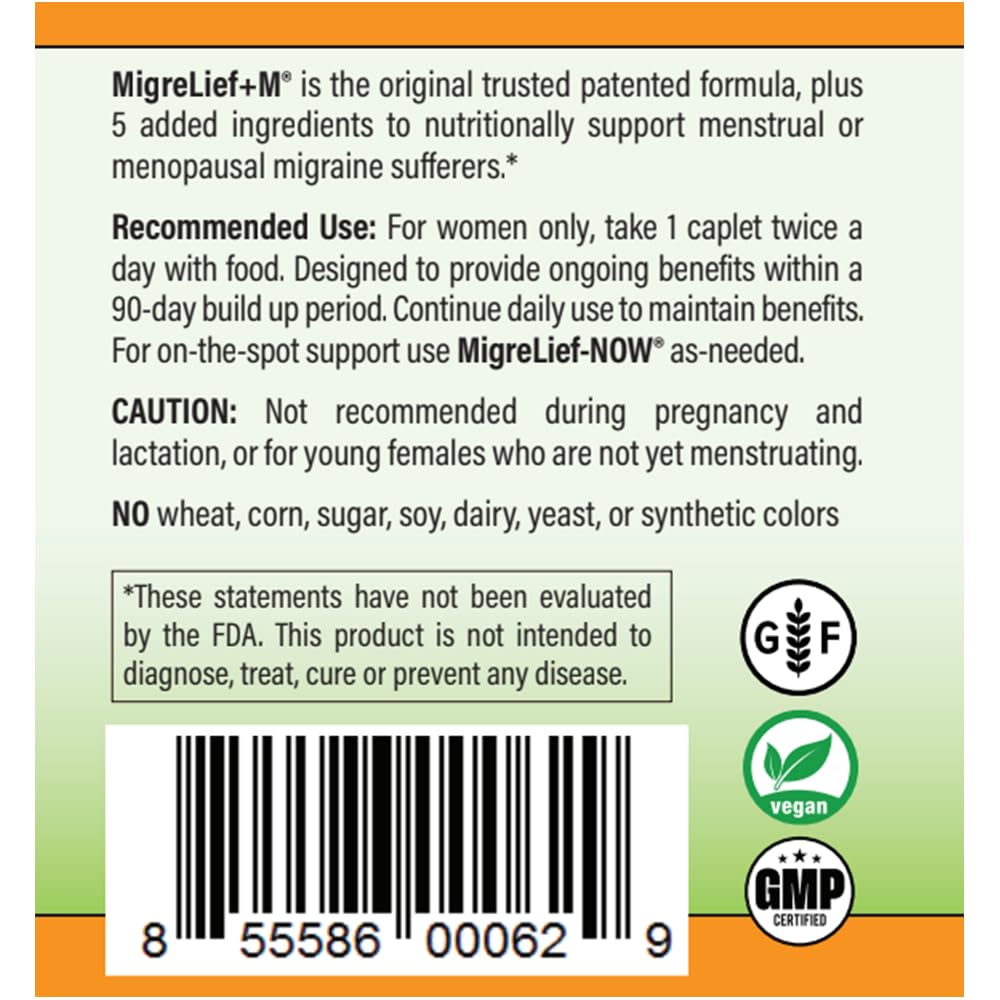 MigreLief+M packaging shows USA-made, drug-free option for menstrual migraine support.