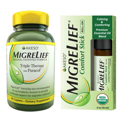 MigreLief Original bottle with caplets for daily migraine support.