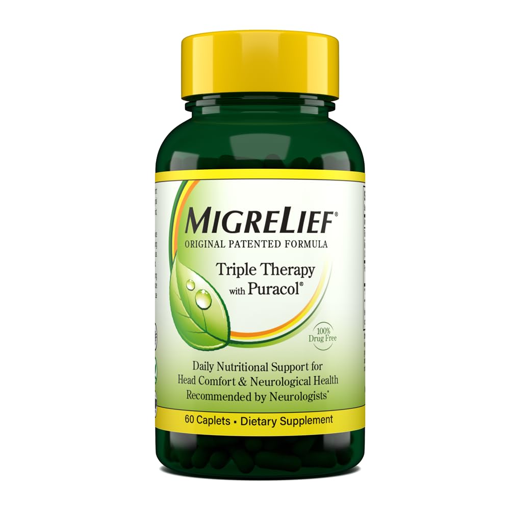 MigreLief bottle showcases Puracol triple-therapy for potential migraine support.