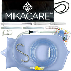 Mikacare Enema Bag Kit 2qt clear bag shown, BPA-free silicone for safe home cleansing.