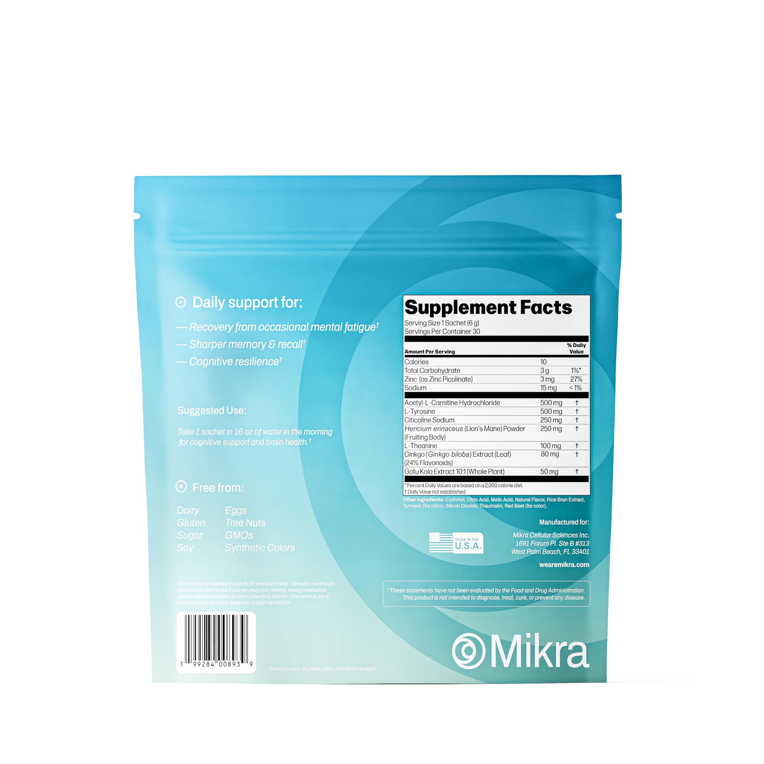 Mikra Clarity dissolving sachet blends quickly for calm focus.