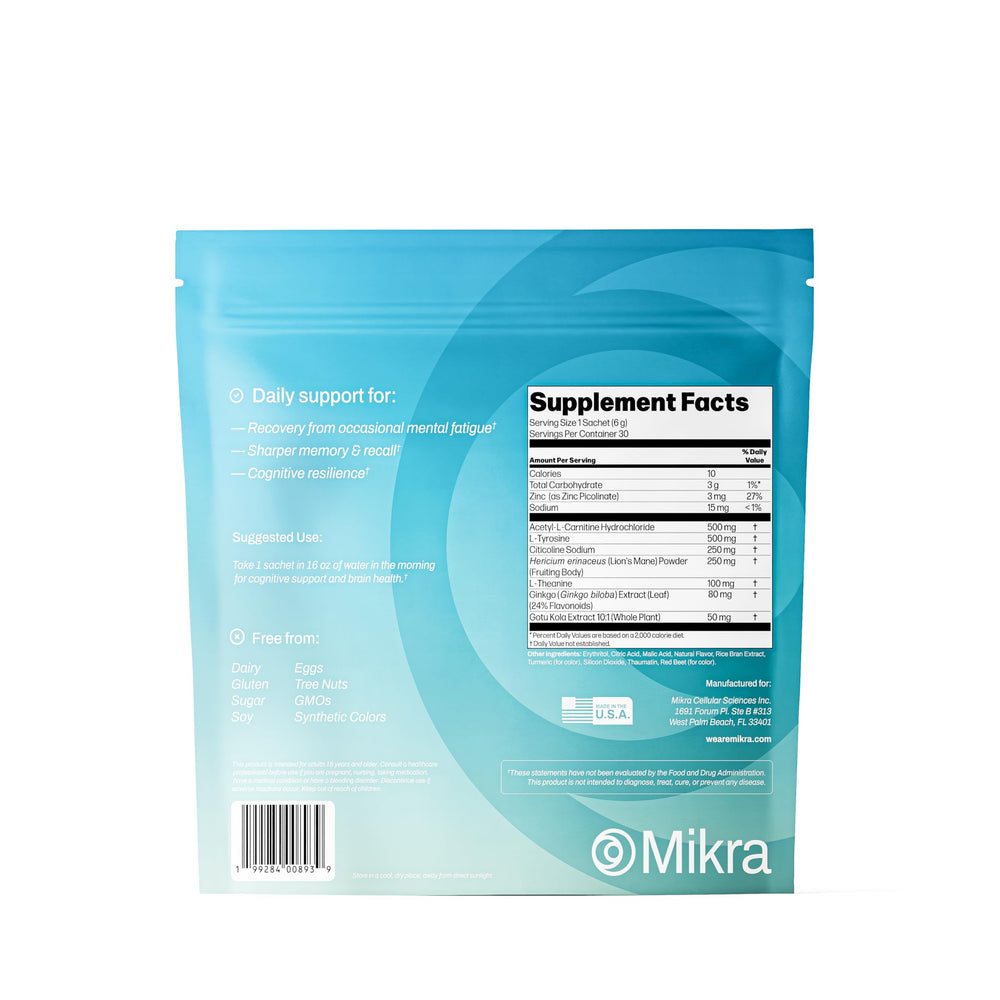 Mikra Clarity dissolving sachet blends quickly for calm focus.
