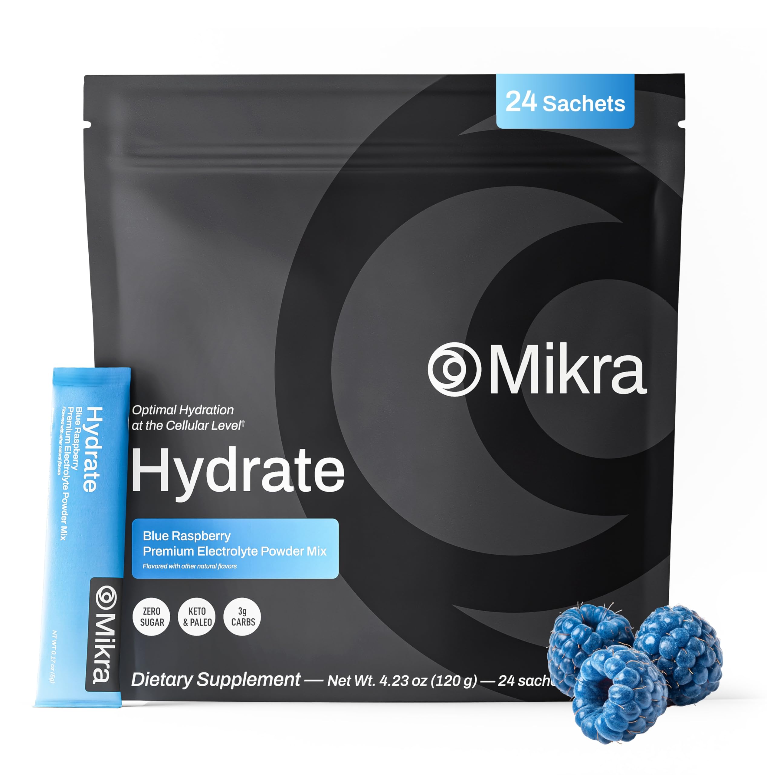 Mikra Hydrate blue raspberry packets for fast zero-sugar hydration on the go.