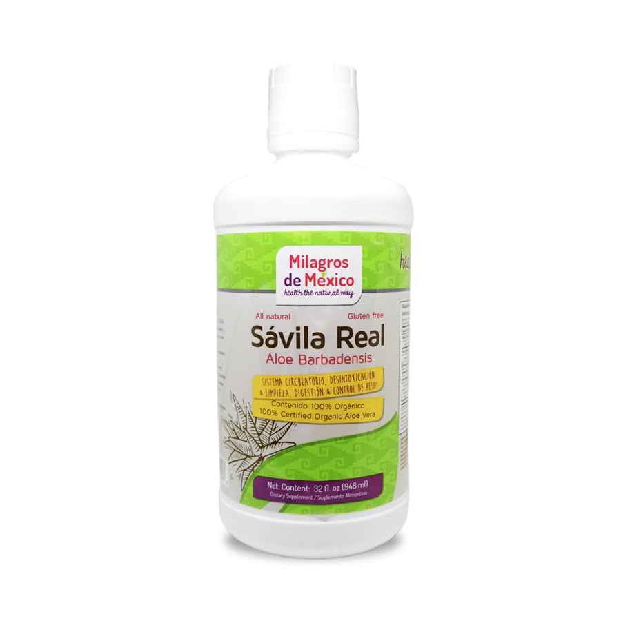 Milagros de Mexico Savila Real bottle front shows daily aloe supplement for wellness.