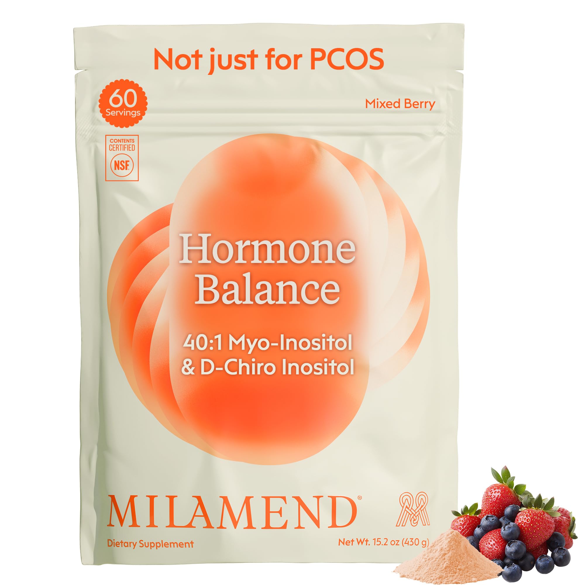 Milamend Hormone Balance bottle front shows mixed berry flavor for daily wellness.