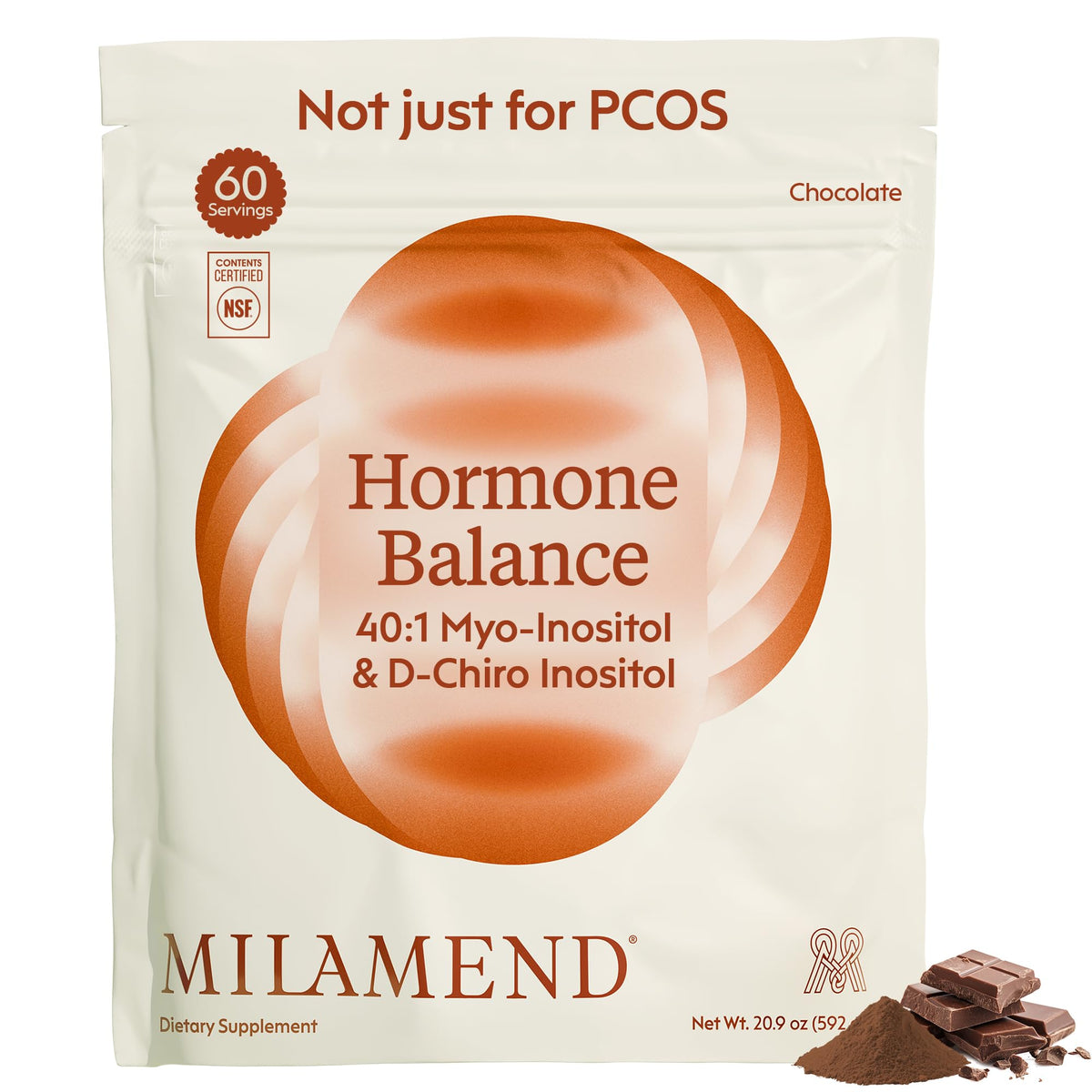 Milamend Hormone Balance chocolate powder tub with daily use scoop