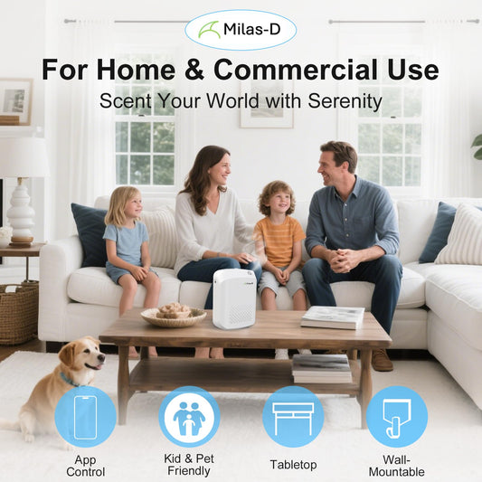 Milas-D waterless diffuser app control demonstrates Bluetooth scheduling.