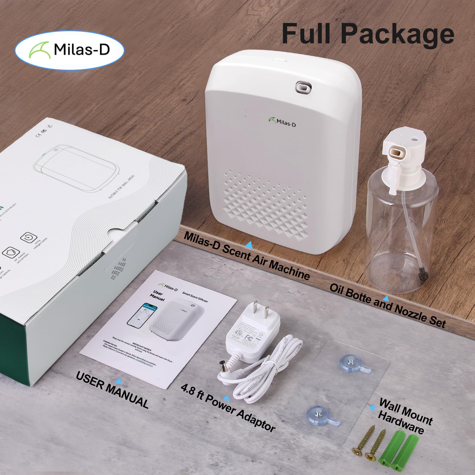 Milas-D waterless diffuser setup in a space covering up to 1,500 sq ft.