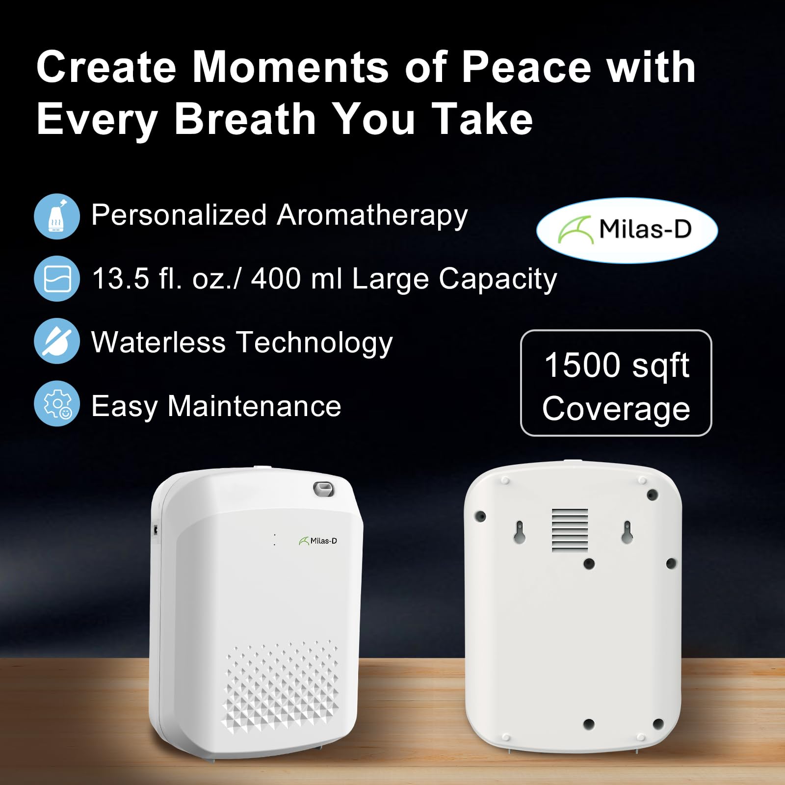 Milas-D waterless diffuser wall-mount option shown for discreet placement.