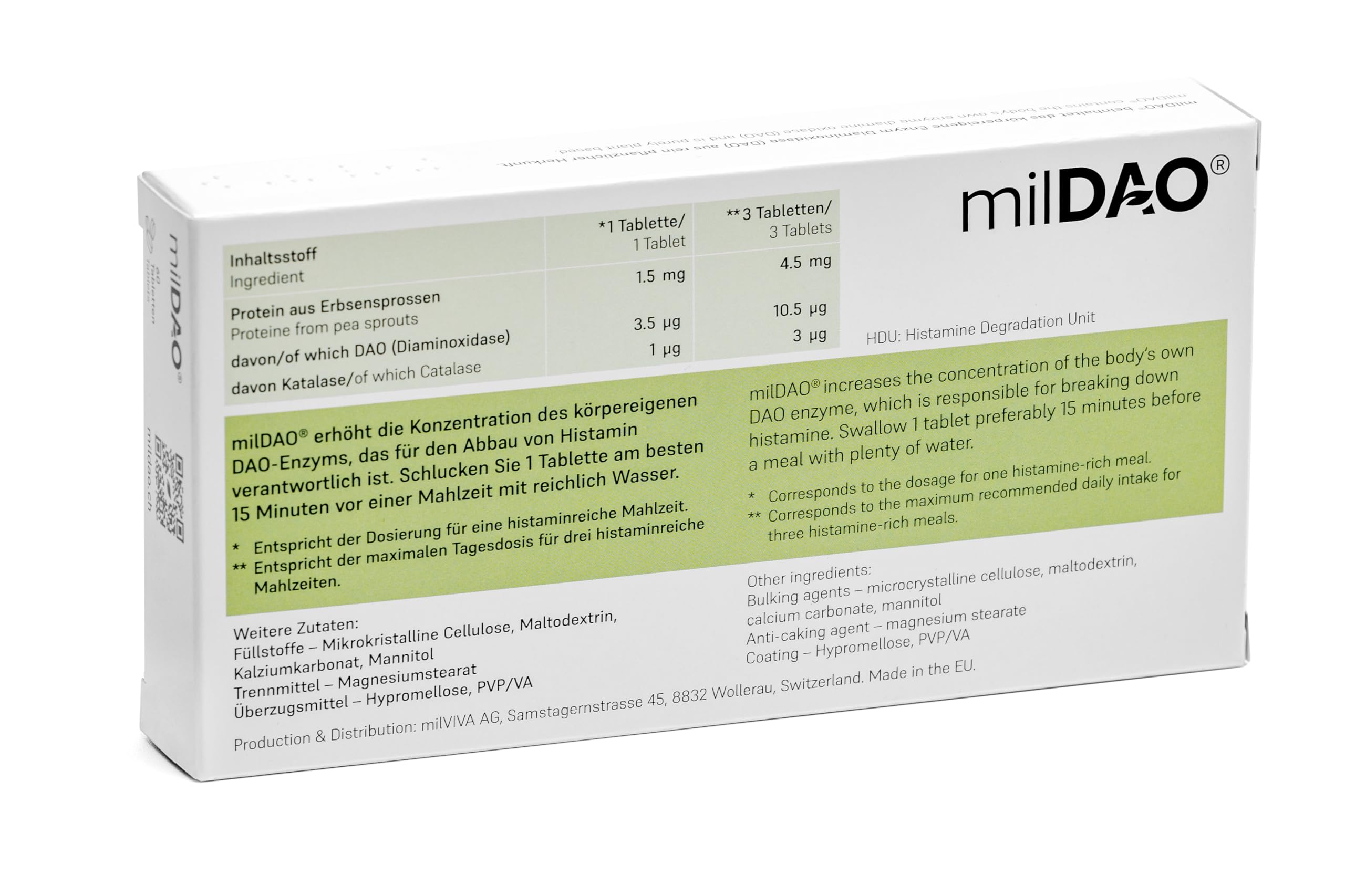 MilDAO DAO enzyme tablet close-up shows high potency for histamine support.