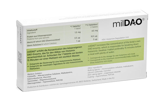 MilDAO DAO enzyme tablet close-up shows high potency for histamine support.