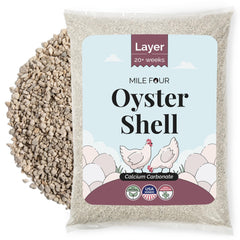 Mile Four Oyster Shell 50lb bag showing natural calcium carbonate for laying hens.