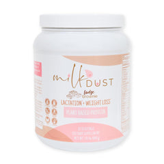 Milk Dust protein powder tub front showing vegan lactation formula for nursing moms.