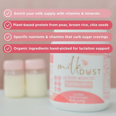 Milk Dust ingredients close-up with pea and flax seeds