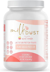 Milk Dust Vanilla protein powder bottle showing vegan lactation support benefits