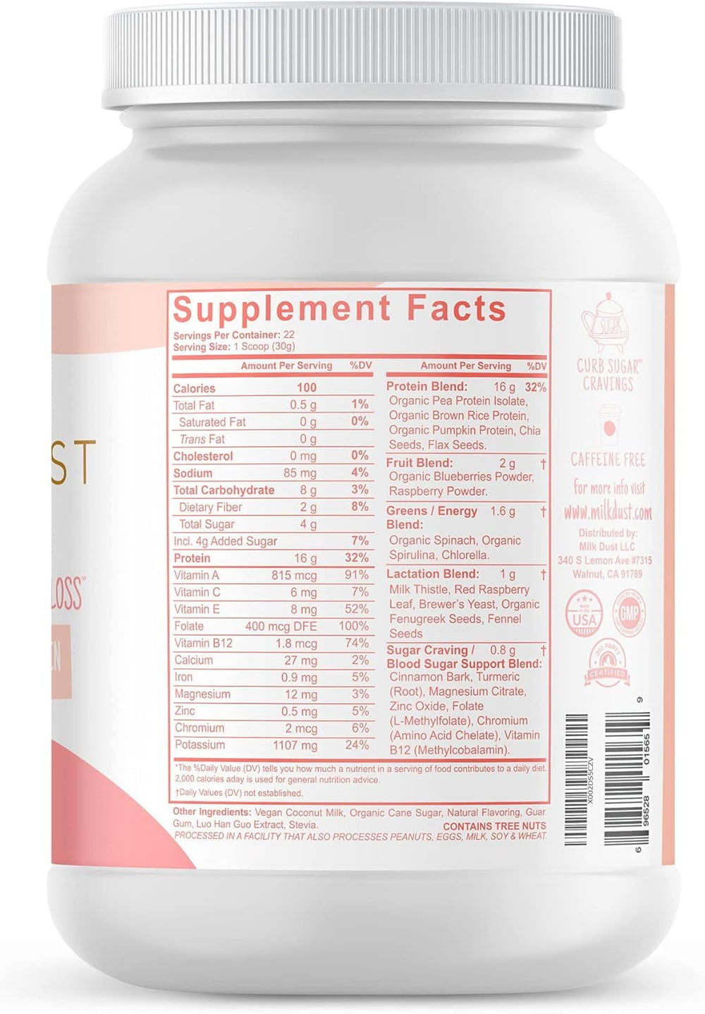 Milk Dust vanilla protein powder tub open highlighting clean nutrition