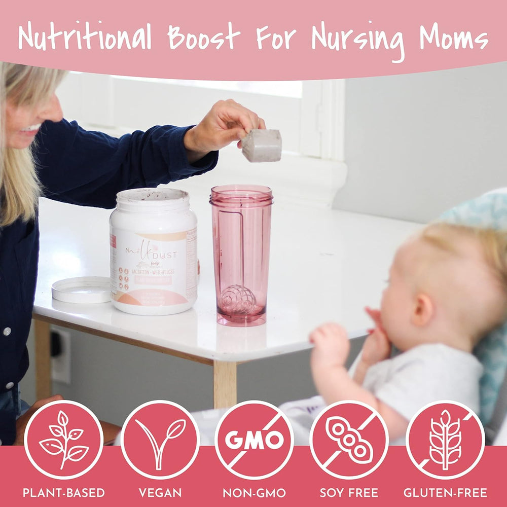 Milk Dust vanilla shake glass ready for quick nursing mom smoothie