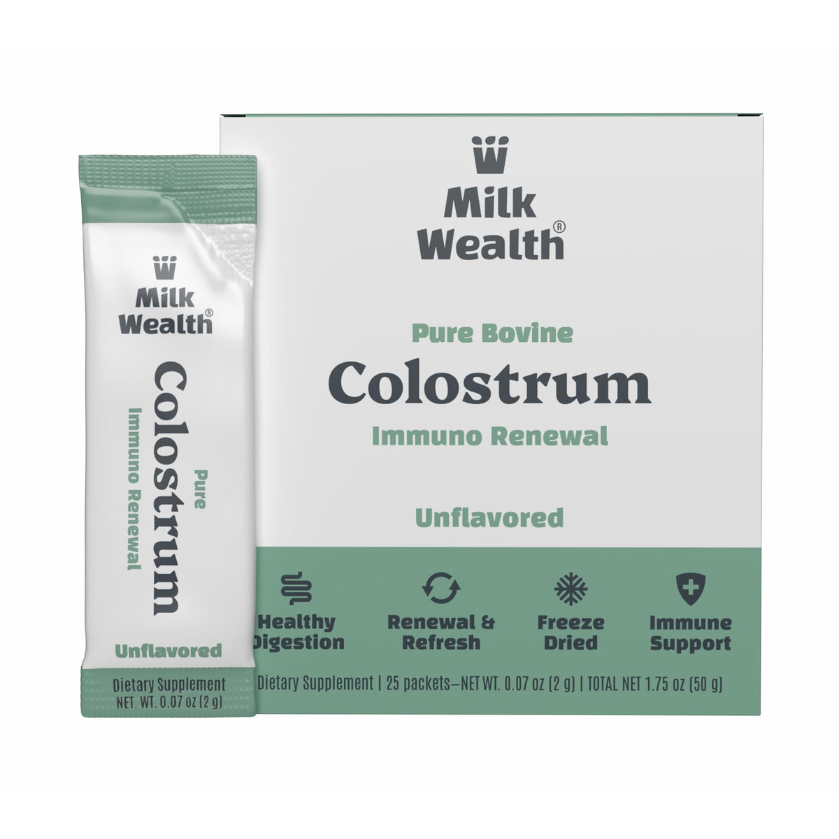 Milk Wealth pure bovine colostrum packet close-up showing convenient 2 g servings for smoothies