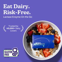Milky credit-card sleeves hold lactose pills for discreet portability.