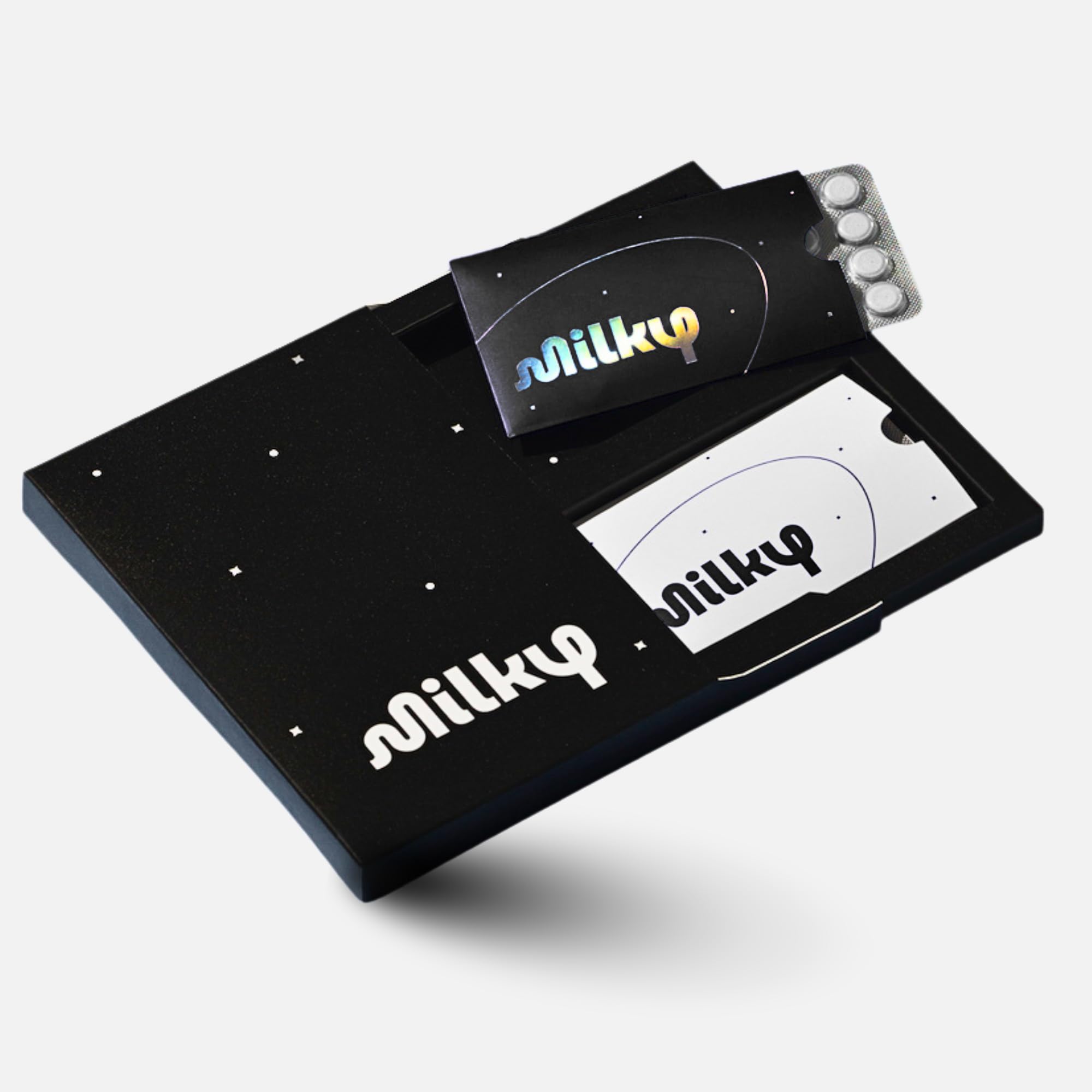 Milky Lactose Intolerance Pills front pack showing dairy relief in discreet packaging.