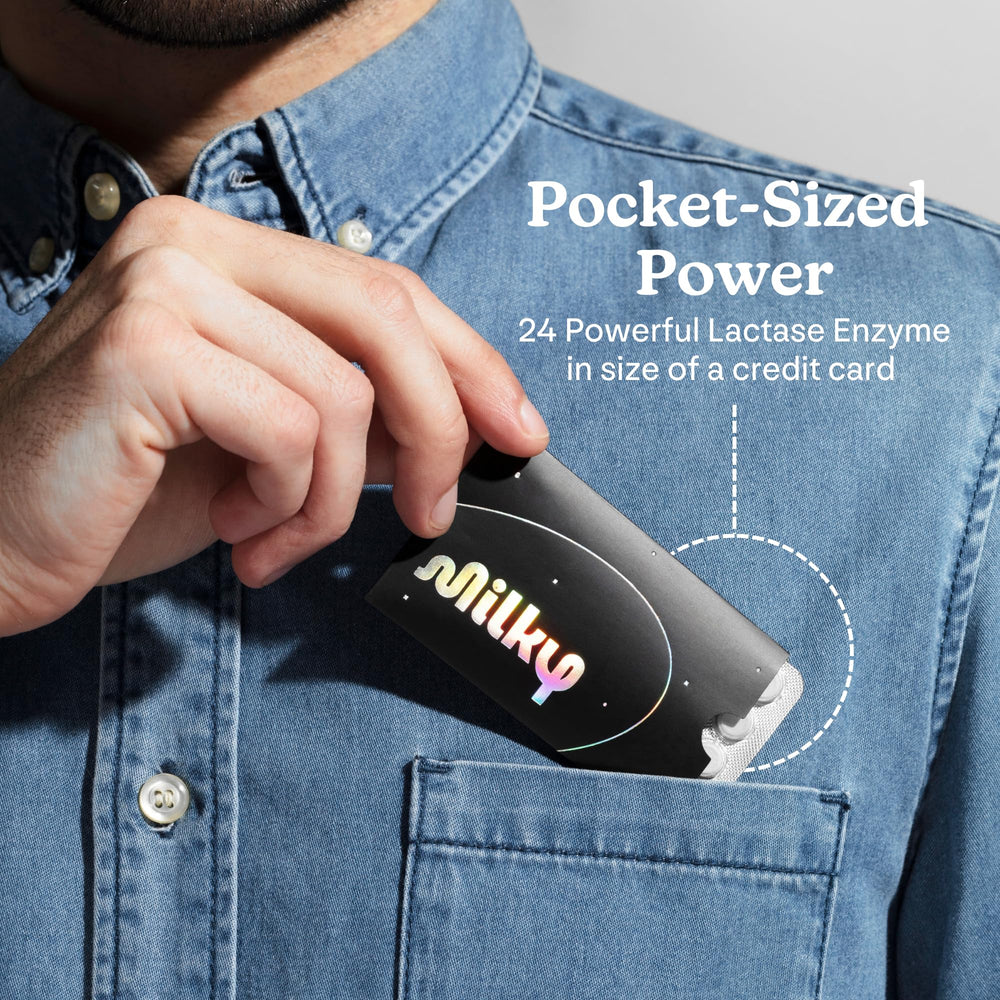 Milky travel-friendly sleeves shown beside coffee for easy dairy moments.