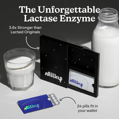 Milky on-the-go dairy solution shown for travel and dining out.