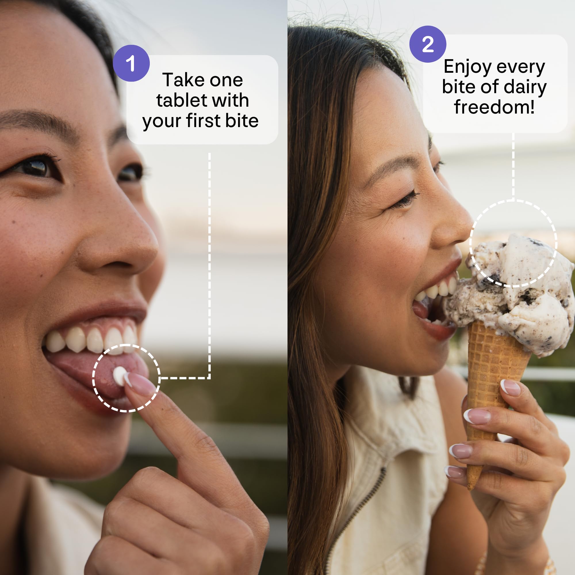Milky rapid-relief visual conveys easing bloating, gas, and cramps after dairy.