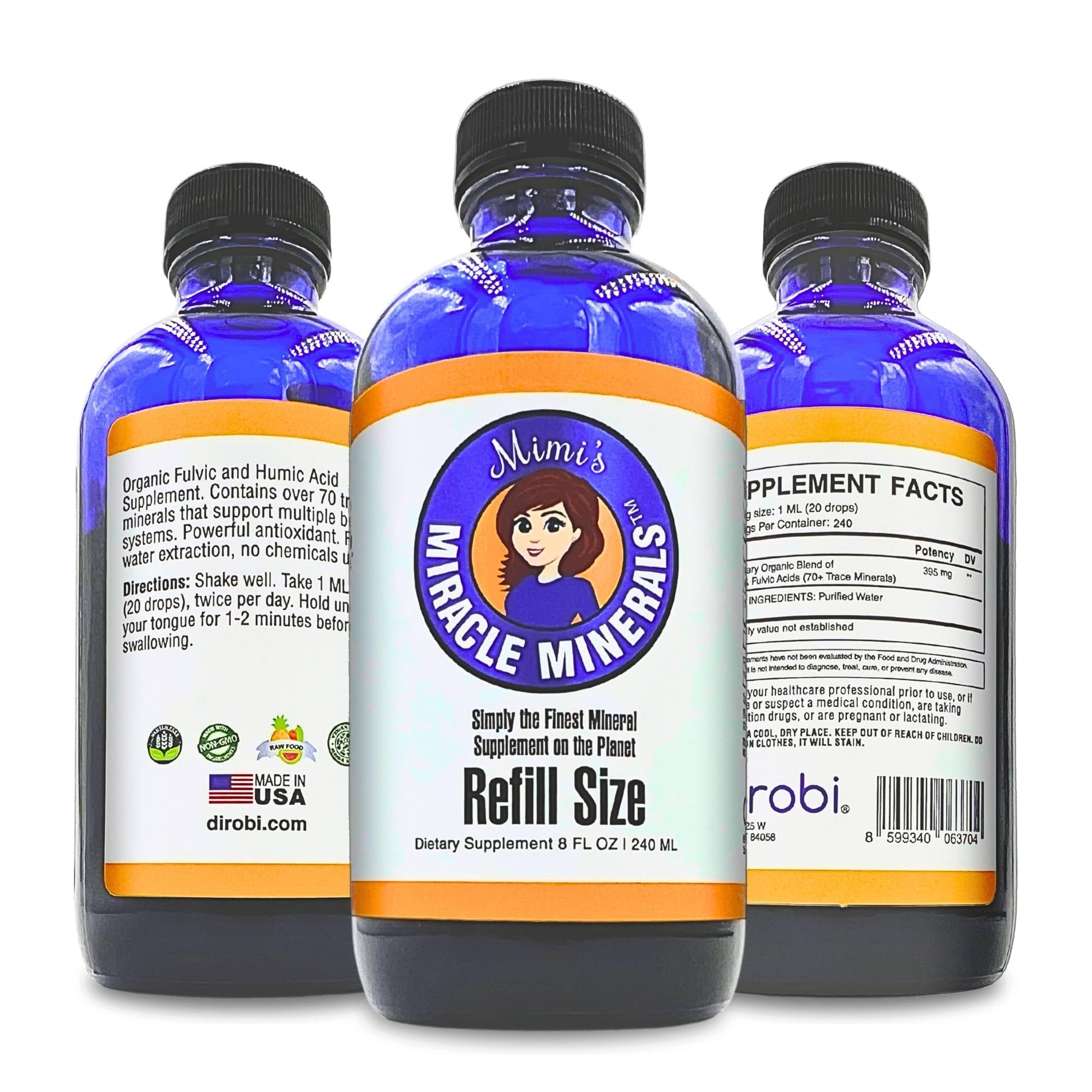 Mimi's Miracle Minerals bottle front view showing fulvic-humic blend for easy mineral absorption.