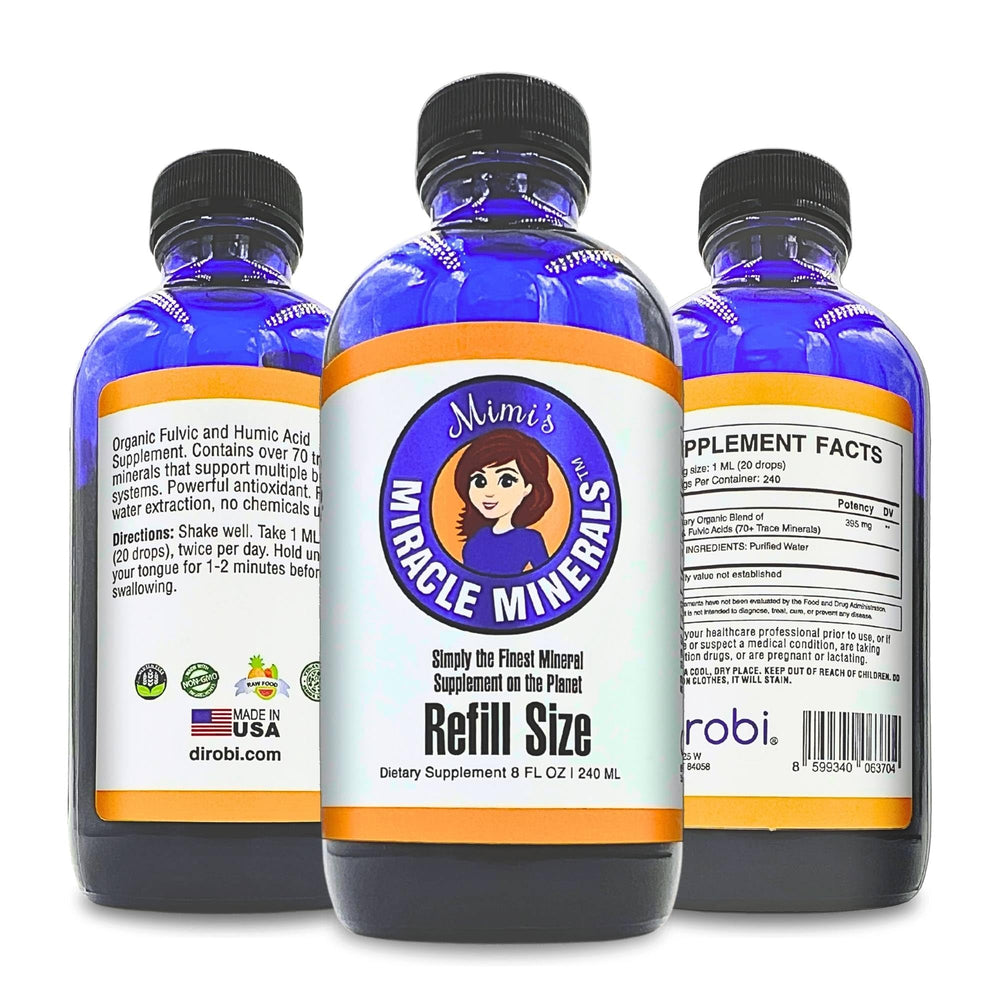 Mimi's Miracle Minerals bottle front view showing fulvic-humic blend for easy mineral absorption.