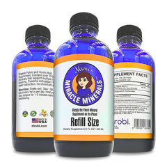 Mimi's Miracle Minerals bottle front view showing fulvic-humic blend for easy mineral absorption.