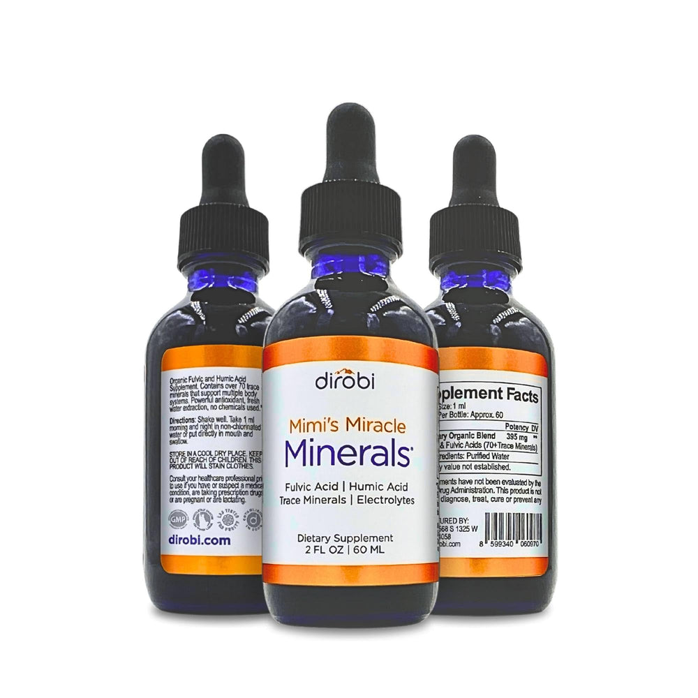 Mimi's Miracle Minerals fulvic humic bottle highlighting minerals for daily vitality.
