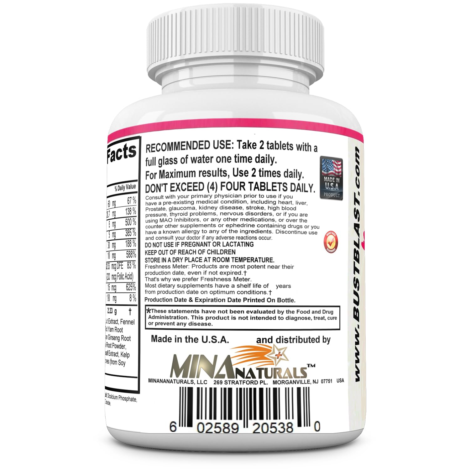 MINANATURALS Bust Blast packaging open reveals a 60-tablet month-long supply.
