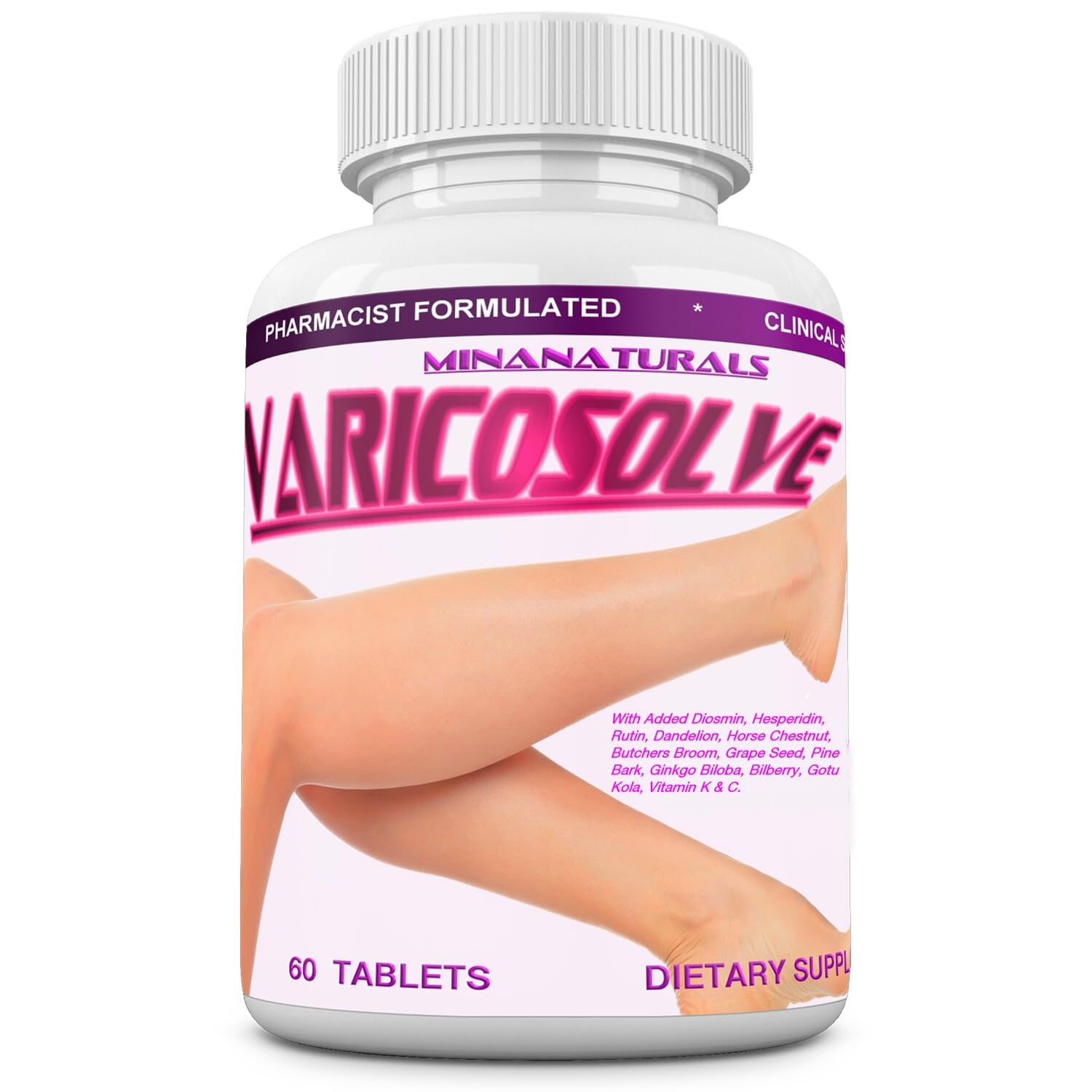 MINANATURALS Varicosolve bottle-front showcases a natural leg vein support supplement for daily comfort.