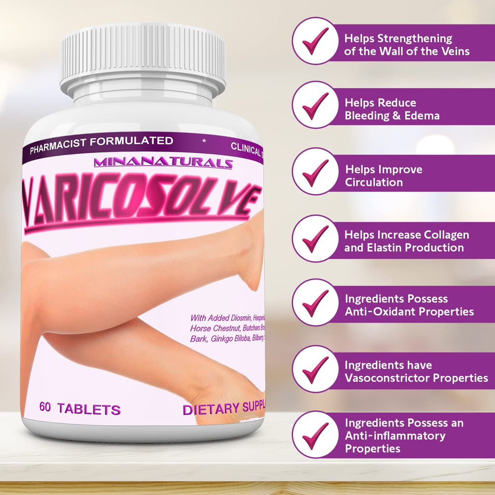 MINANATURALS Varicosolve bottle pour demonstrates easy daily dosing for ongoing leg wellness.