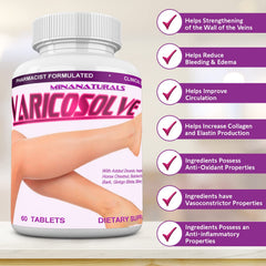 MINANATURALS Varicosolve bottle pour demonstrates easy daily dosing for ongoing leg wellness.