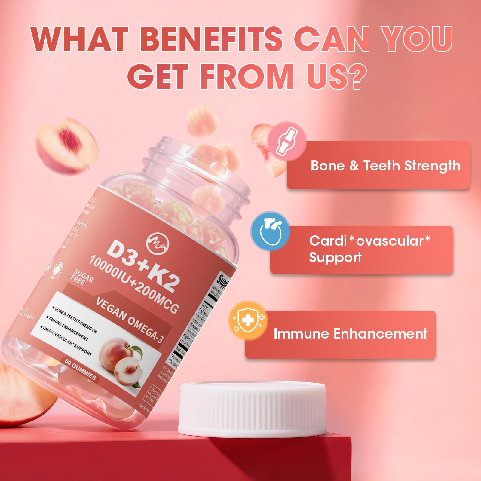 Minch D3 K2 gummies close-up of peach-flavored texture and vibrant color.