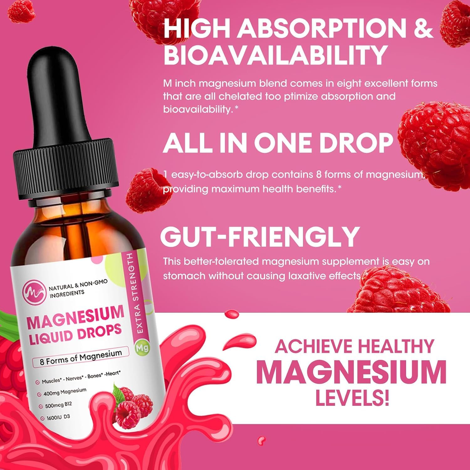 Minch Magnesium Liquid Drops ingredients label highlighting diverse forms and vegan status.
