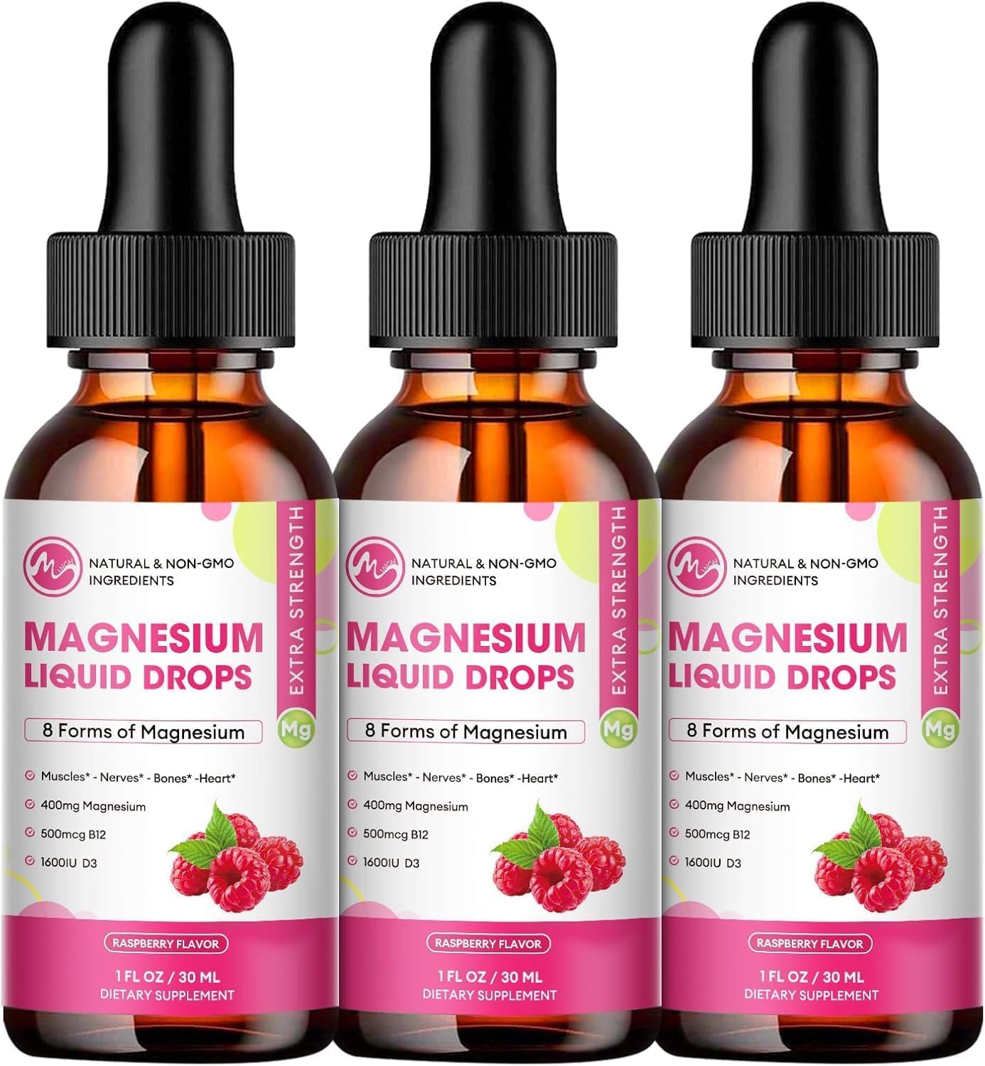 Minch Magnesium Liquid Drops raspberry bottle for daily magnesium support and flavor.