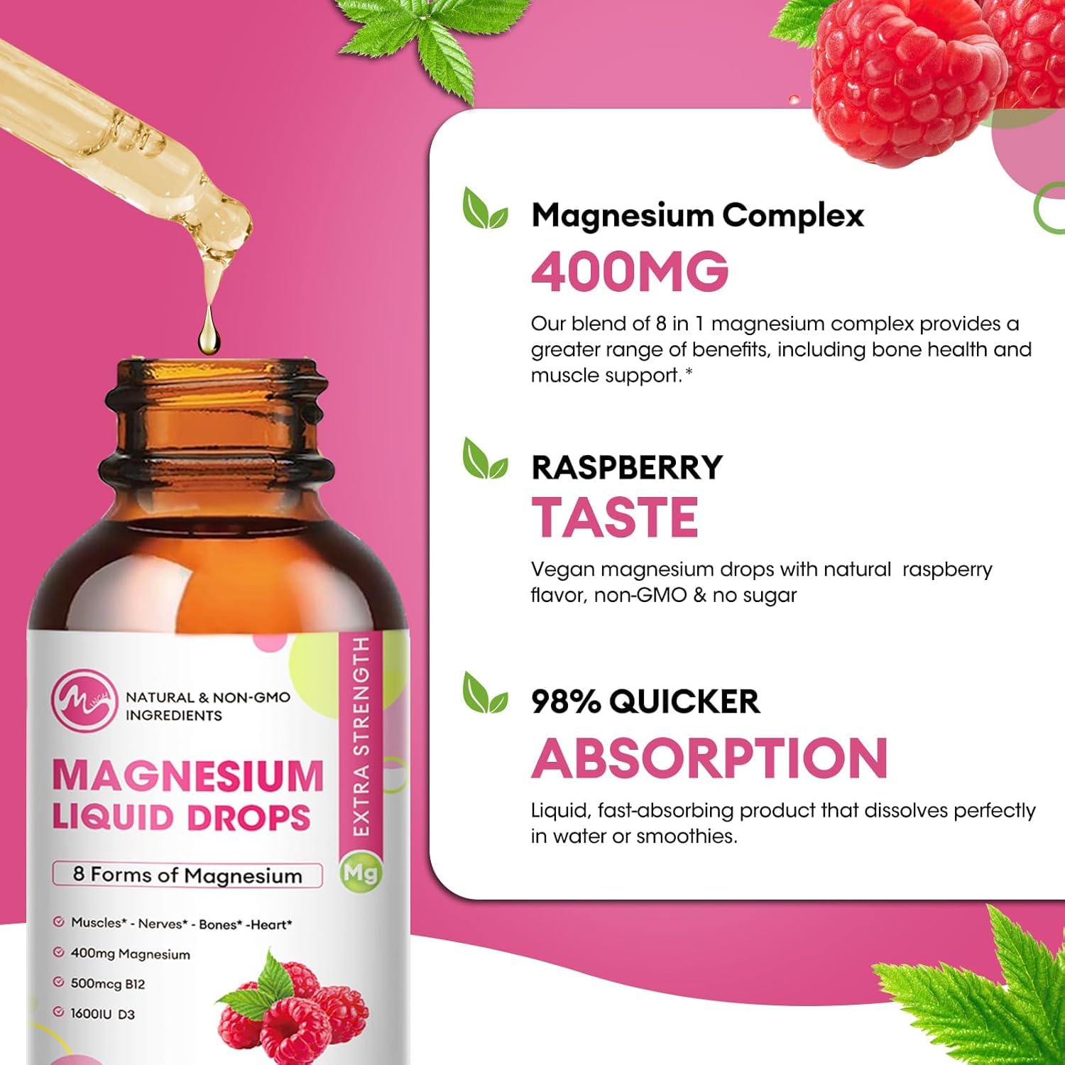 Minch Magnesium Liquid Drops raspberry pour showing easy dosage in water.