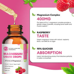 Minch Magnesium Liquid Drops raspberry pour showing easy dosage in water.