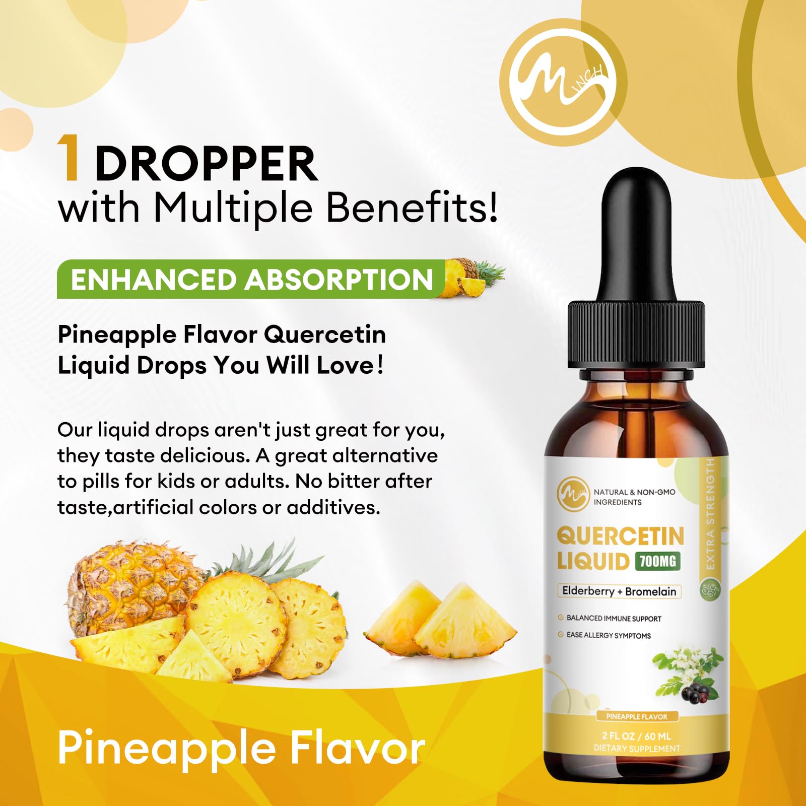 Minch Quercetin Liquid Drops pineapple flavor bottle in view