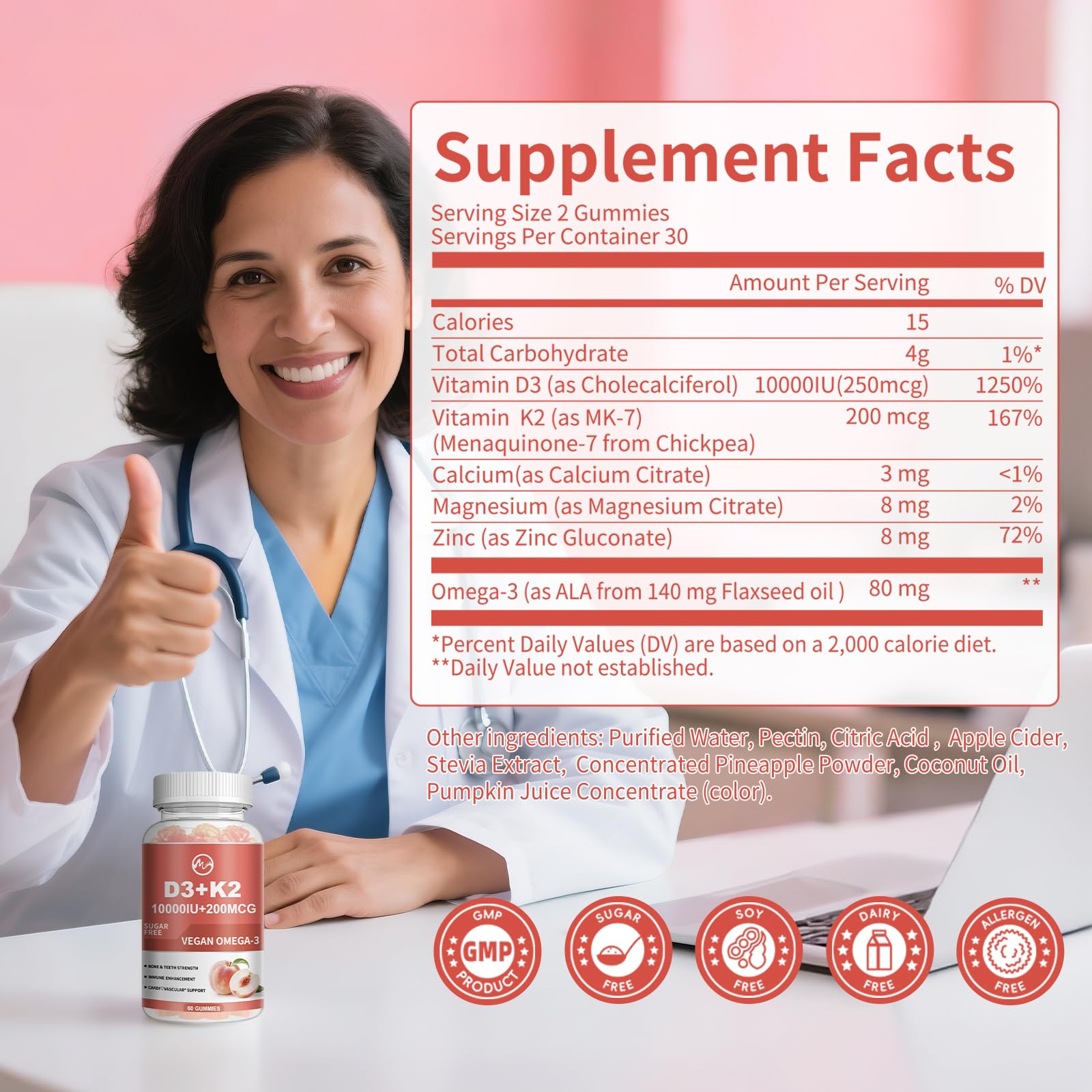 Minch vitamin D3 K2 gummies label close-up highlighting D3, K2, and ingredients.