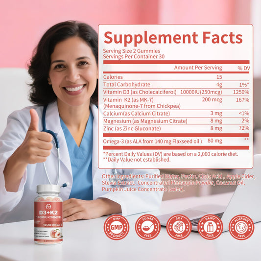 Minch vitamin D3 K2 gummies label close-up highlighting D3, K2, and ingredients.