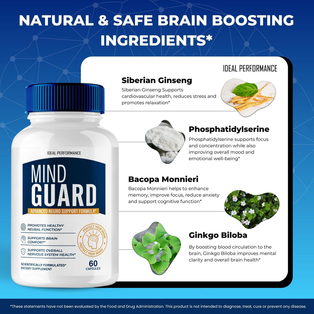 Mind Guard label detail highlights natural ingredients, appealing to health-conscious shoppers.