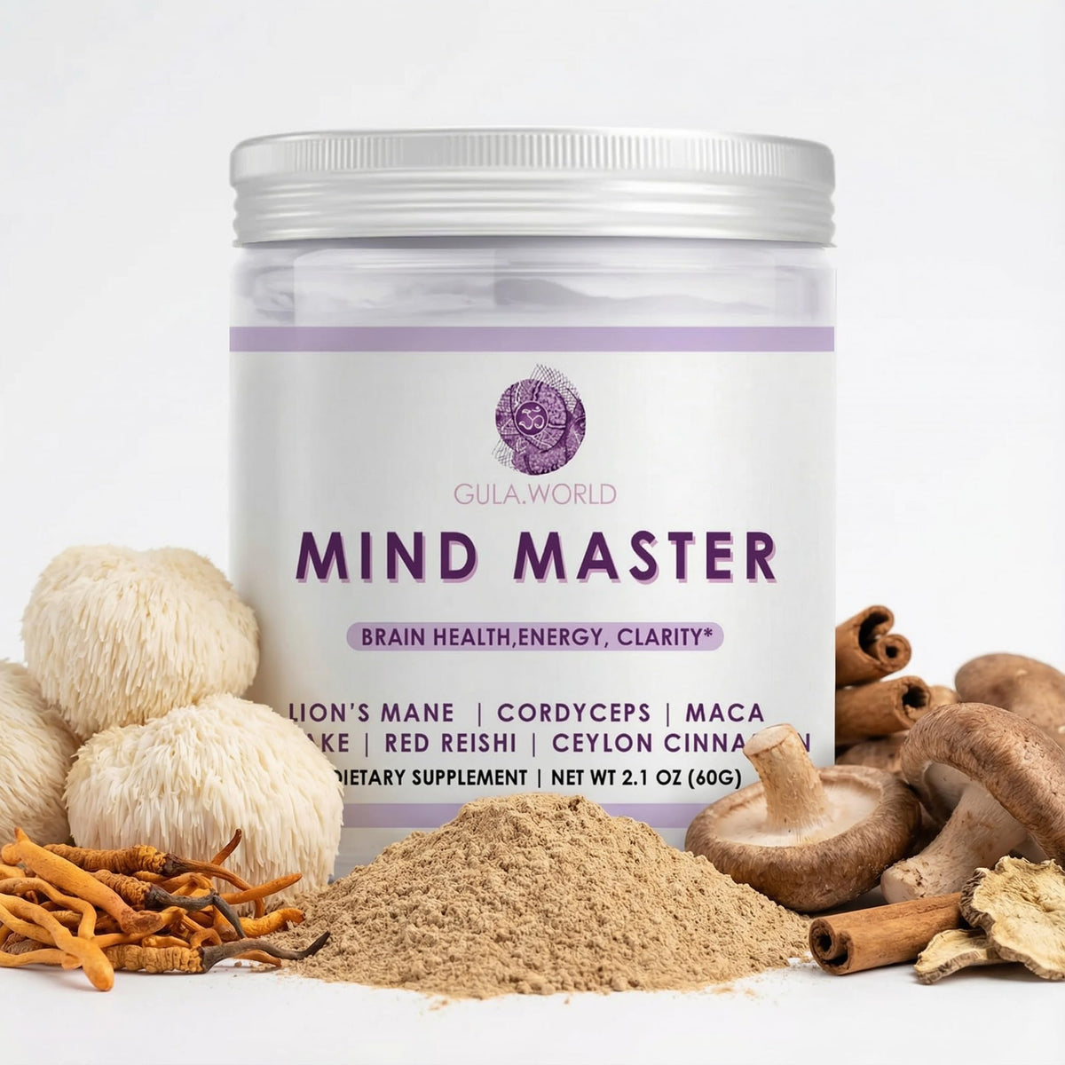 Mind Master Mushroom Powder Blend jar close-up highlighting earthy, organic ingredients for daily focus