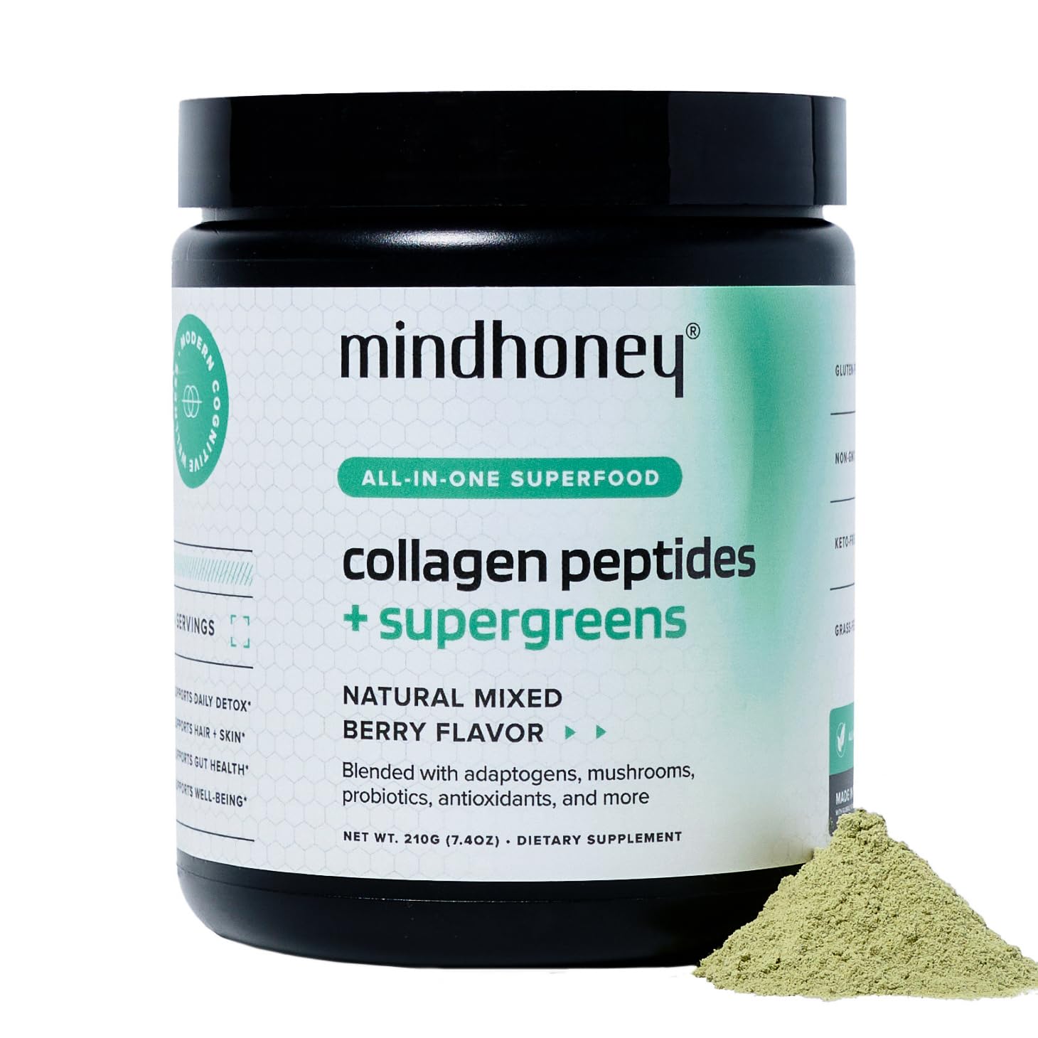 Mindhoney Collagen Peptides and Super Greens bottle for daily skin and gut wellness.