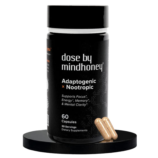 MINDHONEY DOSE bottle front showcases premium nootropics for daily focus.
